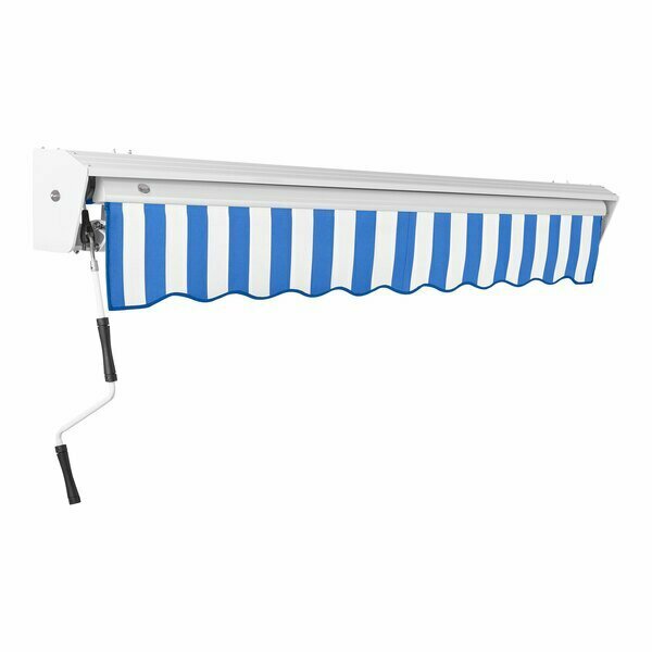 Awntech Manual retractable awning with blue/white stripes and protective hood for patios. 237DM12BBW